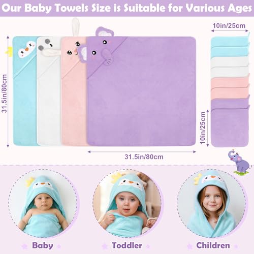 Image of 12 PCS Baby Towels Set, Baby Bath Towels for Toddlers Newborn Essentials | Super Thick Absorbent, Animal Hooded, Soft Cozy, 4 Baby Towels & 8 Washcloths for Girl Boy (Penguin, Elephant, Rabbit, Bear)