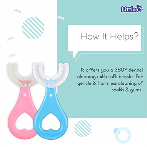Image of LITTLOO Baby U -Shaped Silicone Manual Tooth Brush With Soft & Elastic Bristles For Complete 360 Degree Dental Cleaning, Specially Designed For Toddlers & Children - (Blue)
