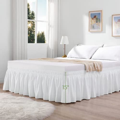 Rimela White Bed Skirt Queen 15 Inch Drop Wrap Around Dust Ruffles Bedskirt, Wrinkle And Fade Resistant With Adjustable Elastic Belt Easy To Install #TOP6