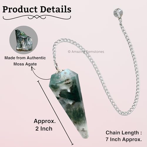 Moss Agate Crystal Pendulum for Divination - Certified Dowsing Crystals and Healing Stones for Chakra Balancing and Meditation - Enhance Reiki Spiritual Growth - 3
