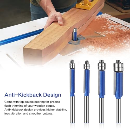 Jgzui J69001 4Pcs Flush Trim Router Bit Set 1/4 Inch Shank Top Two Bearing Flush Trim Router Bit,With 1/4,5/16,3/8,1/2-Inch Cutting Diameter , thumb #1