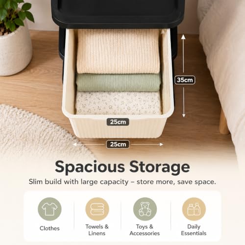 Image of Heavy Duty Plastic Storage Drawer with Wheels | Modular Cabinet for Bedroom, Office, Home or Classroom| Chest of Drawers Organiser for Cosmetics, Kitchen items, Toys (White & black, 7)