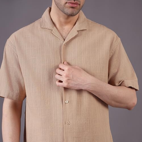 Image of Urban Scottish Men's Shirt, Cotton Dobby, Half Sleeve Oversized Fit, Soft Breathable Fabric, Lightweight Casual Summer Shirt, Stylish Relaxed Wear Khaki