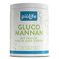 Glucomannan Konjak 95 % Reinheit PiùLife, 240 Tabletten, 4000 mg mit Inulin, Niacin & Chrom – Reines Glucomannan aus der Konjakwurzel – Pflanzenfasern – Hochdosiert – 36.000 mPas Viskosität