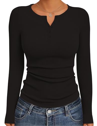 Ekouaer Women's Long Sleeve Henley Shirts Button Ribbed Knit Tops Basic Layering Slim Fit Soft Thermal Underwear Tops