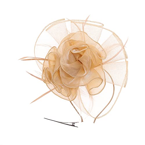 Bubbmi Lady Flower Fascinators Hats With Headband And Clips，Organza Vintage Derby Hat Cocktail Tea Party Headwear For Girls (B Gold) #TOP6