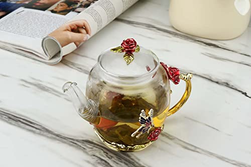 Floral Glass 10Oz Teapot With Gold Leaves Edge Colourful Flower Pattern Floral Vintage Teapot Tea Party Set (Red) #TOP3