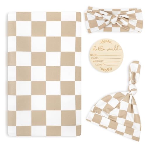 Image of TANOFAR 4-Pack Newborn Swaddle Blanket for Baby Girls & Boys, Ultra Soft Receiving Blankets with Matching Headband and Beanie Set Baby Nursery Swaddle Wrap, Light Brown Checkerboard