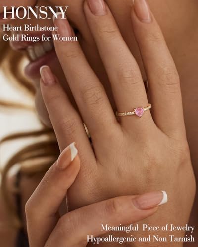 Honsny Heart Birthstone Gold Rings for Women Non Tarnish 14K Gold Plated Stackable CZ Gemstone Pink Tourmaline Ring Dainty Engagement Promise Rings for Her Waterproof Jewelry Birthday Gifts Size 9 — view 2