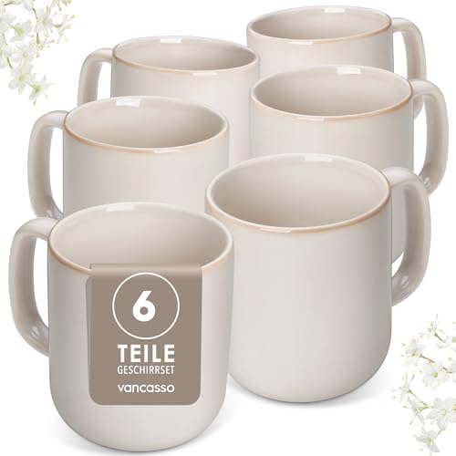 Kaffeetassen Set 6er, vancasso PLAYA Tassen Set 6 Stück mit Henkel 480ml, Teetassen aus Steingut, Mikrowellen und Spülmaschinenfest
