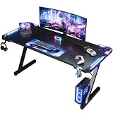 Devoko 140 x 60cm Scrivania Gaming LED, Tavolo Gaming Ergonomica, Scrivania per Computer con Porta Bicchiere e Ganci per Cuffie, Postazione con Piano del Tavolo in Fibra di Carbonio, Nero