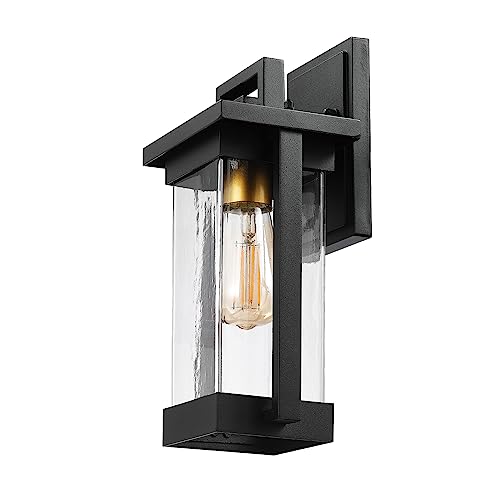 Globe Electric 60000028 1-Light Outdoor Wall Sconce, Matte Black, Brass Accent, Clear Seeded Glass Shade, Weather Resistant, Front or Back Porch Decor, Modern Exterior Lighting, Patio Lights