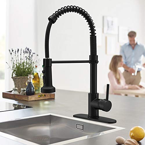 Besy Commercial Kitchen Faucet With Pull Down Sprayer, Solid Brass High-Arc Single Handle Single Lever Spring Rv Kitchen Sink Faucet With Pull Out Sprayer, 3 Function Laundry Faucet, Matte Black #TOP6