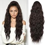 LEEONS 26 inch Drawstring ponytail Extension, Long Wavy pony tails hair extensions for Women - Synthetic Hairpiece Ponytail for Daily Use (Black Brown)