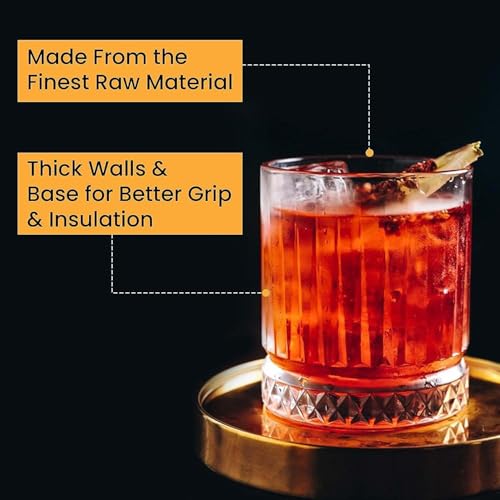 Image of Premium Crystal Whiskey Glass Set of 6, 300 ml Cut Glass Design, Heavy Base Tumbler for Bourbon, Scotch & Cocktails (6, Dark Line)