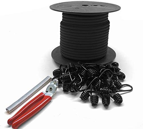 Secure IT Quick - 5/16" Bungee Cord Kit, 100' Bungee Cord, 100 Hog Rings, 30 Plastic Coated Spring Hooks, 1 Set of Pliers (Black)