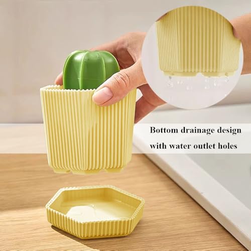 Dish Scrub Brush with 3 Replacement Cleaning Brush Head, Ergonomic Grip Brush Dish Scrubber with Flowerpot Shape Draining Holder, Kitchen Cleaning Scrub Brushes for Scrubbing and Washing Dishes — view 4