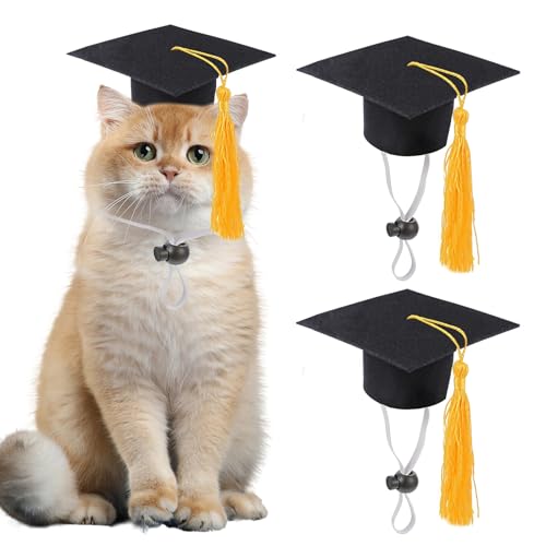 GIFTMISSU 2 Pack Mini Graduation Caps with Yellow Tassels Small Animal Bachelor Hats for Cats and Dogs Adjustable Pet Graduation Photo Props and Holiday Costume Accessories
