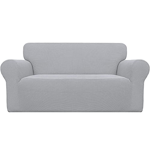 Image of Easy-Going Stretch Loveseat Slipcover 1-Piece Sofa Cover Furniture Protector Couch Soft with Elastic Bottom for Kids Polyester Spandex Jacquard Fabric Small Checks (Loveseat, Silver Gray)