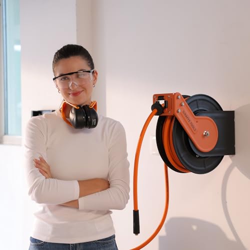Giraffe Tools Retractable Air Hose Reel Wall Mount 3/8\" x 50 ft Hybrid Hose, Air Compressor Heavy Duty Steel Reel Auto Rewind 300PSI, 50ft, Tangelo