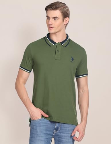 Image of U.S. POLO ASSN. Solid Slim Fit Polo T Shirt for Men - 100% Cotton, Half Sleeves Mens Tshirt - XXL, Olive