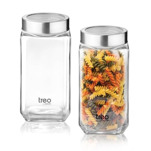 Treo by Milton Cube Storage Containers, Pack of 2, Glass Jar with Air Tight Steel Lid, 1000 ml each, Transparent Jars for Snacks, Pulses, Masala, Pickles, Cereals, Cookies, Dry Food