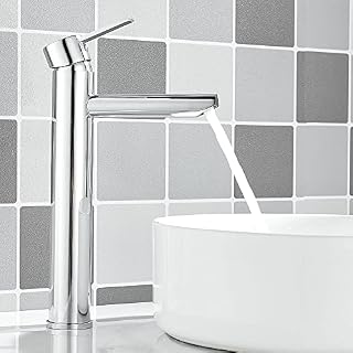 Maynosi Bathroom Monobloc Basin Mixer Tap, Modern High Rise Basin Taps, Single Lever Tall Counter Sink Faucets, Hot and Cold Tap for Countertop Basins, Stainless Steel, Lead Free (Chrome)