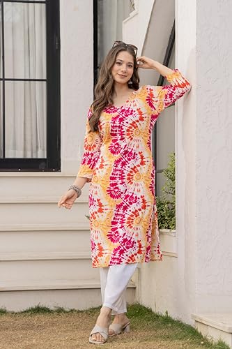 Image of Women's Tie-Dye Printed Kurti, V-Neck, 3 /4 Sleeves, Multicolour, Casual Wear