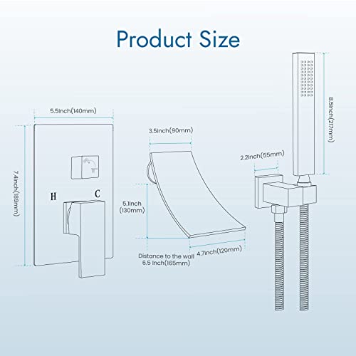 Cinwiny Brushed Nickel Waterfall Bathtub Faucet Wall Mounted And Hand-Held Shower Tub Spout Bathroom Tub Filler One Handle Shower Kit Rough-In Valve #TOP6