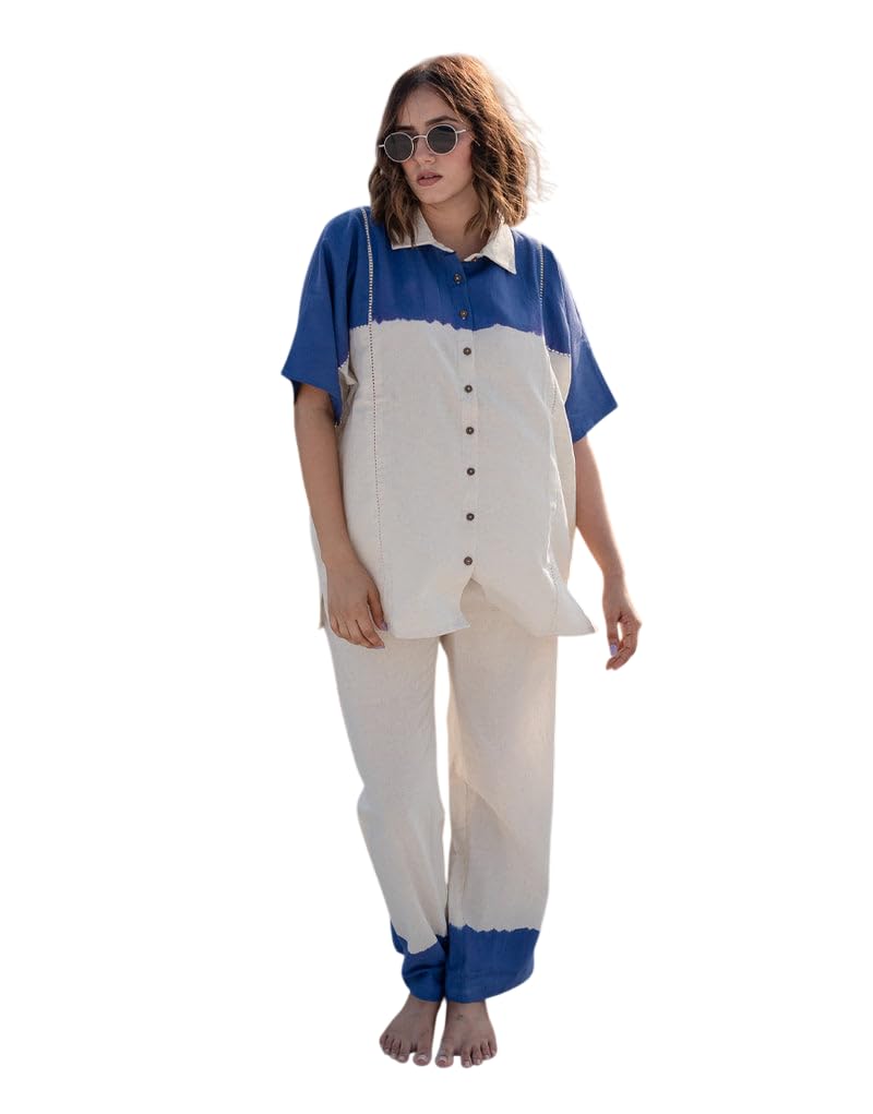 Women's Cotton Dip-Dye Pattern Two-Piece Lounge Set Tunic with Wide-Leg Pants, Resort Wear (Navy Blue Beige) (IN, Alpha, L)-image-6