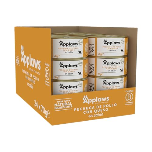 Applaws 100% Natural Pechuga de Pollo con Queso Comida Húmeda para Gatos Adultos en Caldo - Paquete de 24 latas de 70g