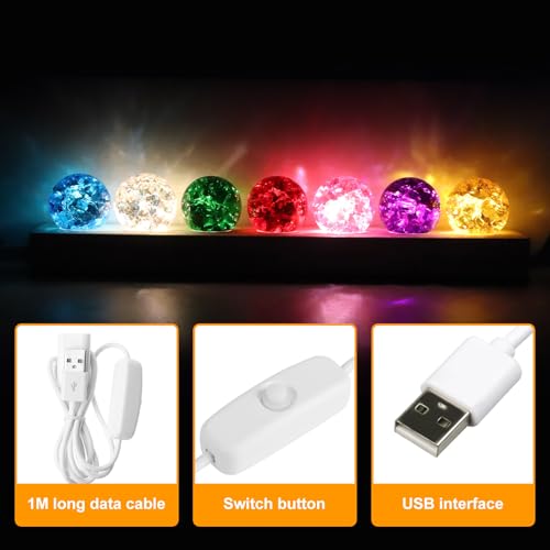 BlyeMichdi 7 Bunte Kristallkugel Nachtlicht, 40mm Glaskristallkugeln mit LED Holzsockel, Meditation Chakra Glaskugel Lampe, Leuchtkugeln Klein Bunt Heilkugeln Dekoration für Wohnzimmer Schlafzimmer