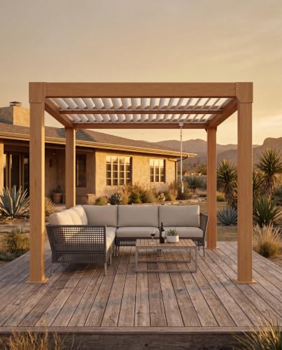 10' x 10' Louvered Pergola Aluminum, Outdoor Pergola with Adjustable Louvered Roof, Reinforced Aluminum Frame, Integrated Drainage System, for Patio, Deck, Woodgrain