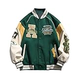 Men Varsity Jacket Color Block Letter Print College Baseball Jackets Vintage Outwear with Pockets Unisex Coat Patchwork Top Fall Bomber Biker Jacket Outwear ﻿ Green