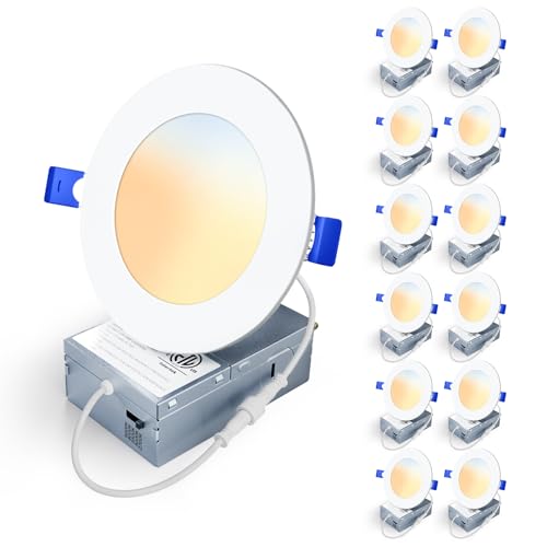 Veriligt 12 Pack 4 Inch 5CCT LED Recessed Light Silm Canless Recessed Lighting Dimmable Damp Rated 2700K-5000K Selectable Wafer Ceiling Downlight with Junction Box 750LM 9W 120V ETL&FCC