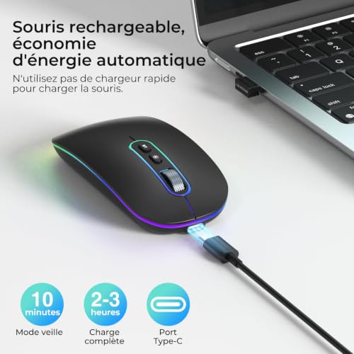 cimetech Souris sans Fil Rechargeable, Souris Bluetooth 5.1 USB 2.4GHz,Souris Optique sans Fil Rechargeable Compatible avec MacBook/Tablette/iPad/Ordinateur Portable/PC/Notebook - Noir – vue 3