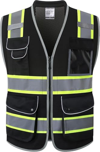 Image of JKSafety 9 Pockets Hi-Vis Black Safety Vest for Men Women High Visibility Reflective Construction Mesh Fabric Cushioned Collar Work Utility PPE Work Gear ANSI /ISEA compliant (101-Black S)