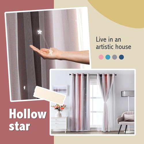 Image of indistar Cutout Blackout Window Curtains for Girls Kids Bedroom Double Layer Star Cut Out Gradient Stripe Curtains, 1 Panel (Pink /Grey W52 x L63 inch)
