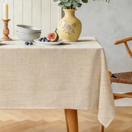 Karseteli Natural Linen Rectangle Tablecloth, Slubby Textured Fall Lightweight Table Cloth 52 x 70 Inch, Water Resistant Stain Resistant Farmhouse Burlap Table Cover for Kitchen Dining Room