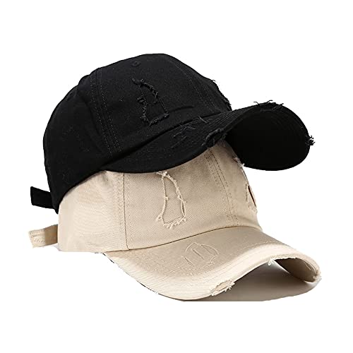 Quanhaigou 2Pack Vintage Washed Distressed Cotton Dad Hat Baseball Cap Adjustable Polo Trucker Unisex Style Headwear Black + Beige