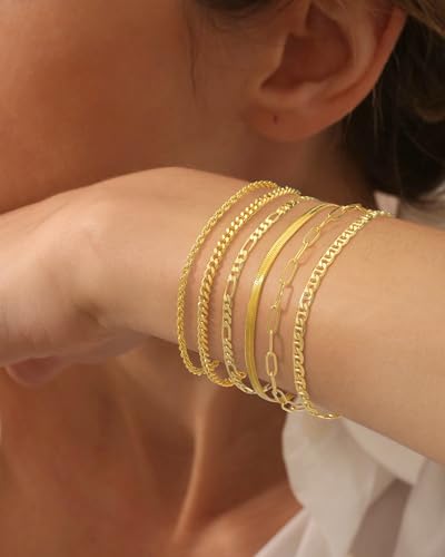 6 Pcs Gold Bracelets for Women Dainty Gold Bracelet Stack for Teen Trendy 18k Gold Plated Cute Stackable Cuban Link Chain Bracelets Set for Daughter Non Tarnish Adjustable3