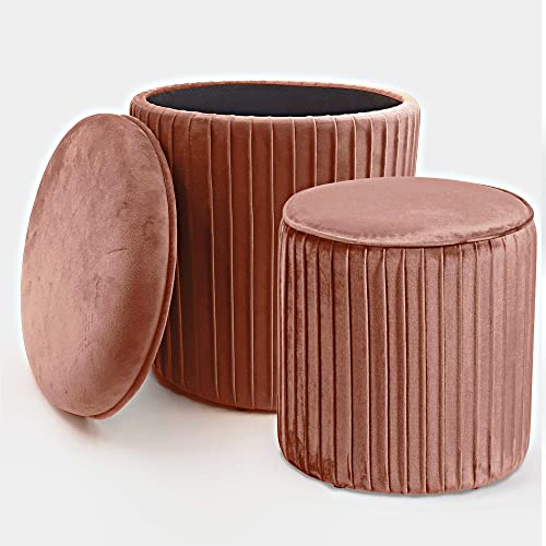 Norbe TIK TAK | Juego de 2 pufs contenedor de Terciopelo cilíndrico Estriado | Reposapiés Escritorio tocador para niños Dormitorio salón reposapiés mesita de Noche | Sillón (Rosa)