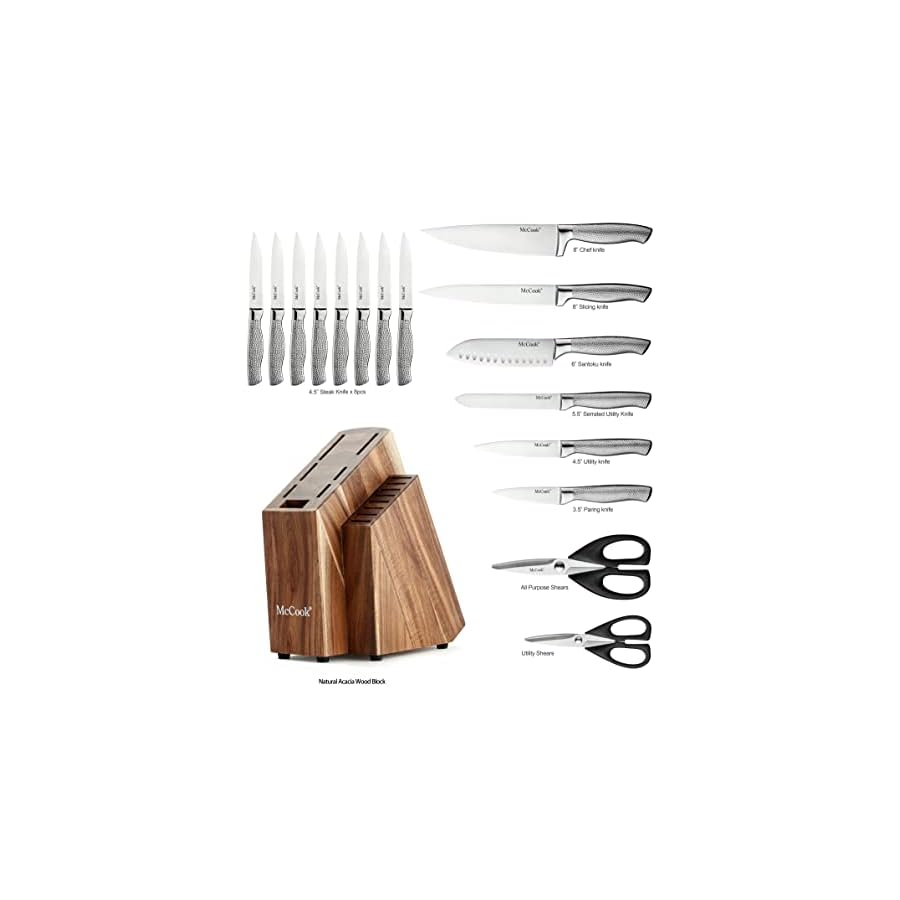 McCook® Premium Knife Sets,Full Tang Hammered German Stainless Steel Kitchen Knife Set with 8 Pieces Steak Knives and Acacia Block