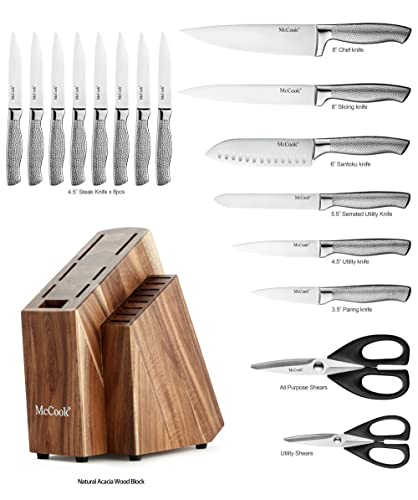 Image of McCook Knife Sets,Full Tang Hammered German Stainless Steel Kitchen Knife Set, 17 Piece Knives, Razor-Sharp, Forged Triple Rivet, Ergonomic Handle,Elegant Box for Gift