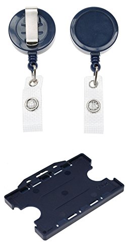 Navy Blue Retractable YoYo Badge Reel with Dual Double Sided Landscape ID Card Holder (Navy Blue)