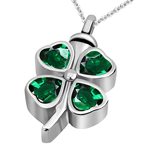 JMQJewelry Clover Urn Necklaces for Ashes Birthday May Green Birthstone Cremation Memorial Keepsake