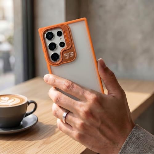 Image of amazon basics Frosted Matte Case for Samsung Galaxy S23 Ultra 5G | Built-in Flip-Out Camera Lens Stand | Translucent Back with Contrast Orange Bumper | Foldable Kickstand