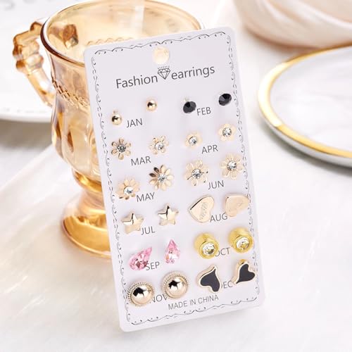 Image of 12 Pairs Trendy Stud Earrings Set with Crystal and Pearl, Heart, Flower, Star and Geometric Styles