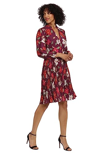 Maggy London Women's V-Neck Pleated Skirt Dress Career Workwear Desk to Dinner Event Party Guest of2