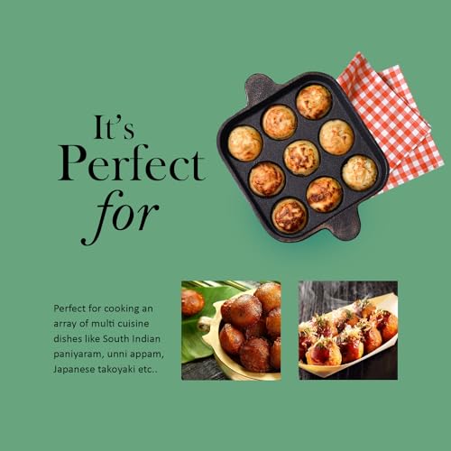 Image of Kichera Cast Iron Appam Pan | Nonstick 9-Cavity Appam Maker | 9.8 Inch, 1.8kg | Induction Friendly